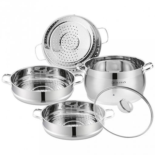 Zeidan Мантоварка из нержавеющей стали 10л, д28см, стеклянная крышка, 3-x слойное капсулированное индукционное дно, 3 яруса, съемные секции из нержавеющей стали, комбинированная полировка снаружи, зеркальная полировка внутри, подарочная упаковка (К