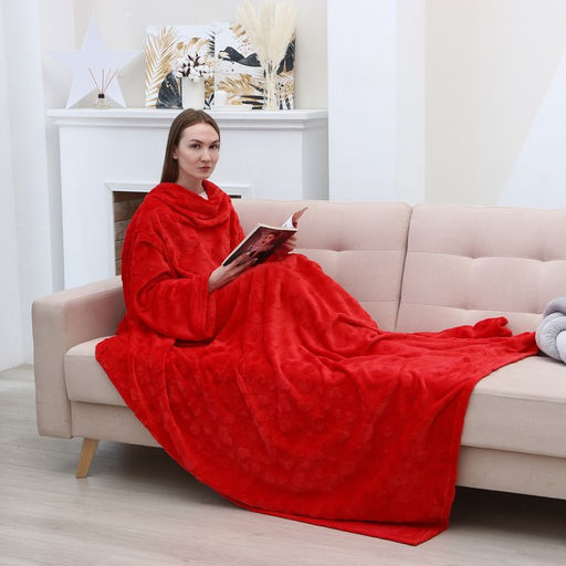Плед с рукавами Этель Красные сердечки 150*200 см,100% п/э, велсофт 280 гр/м2