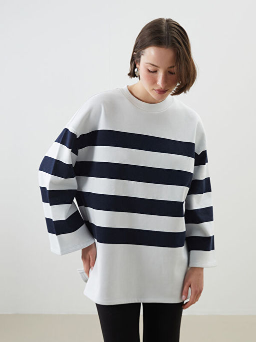 Bisiklet Yaka ?izgili Oversize Kad?n Sweatshirt Tunik