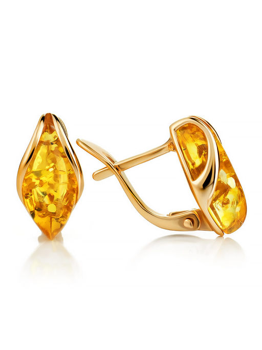 Лёгкие позолоченные серьги с лимонным янтарём Подснежник