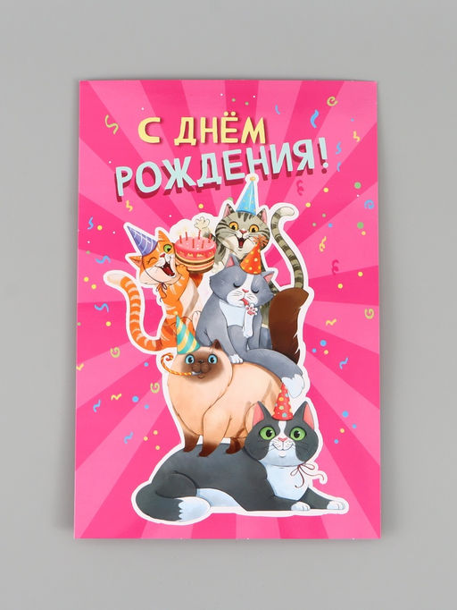 Цена за 10 шт. Открытка поздравительная с карманом для денег «С Днём рождения», коты, 19×29 см
