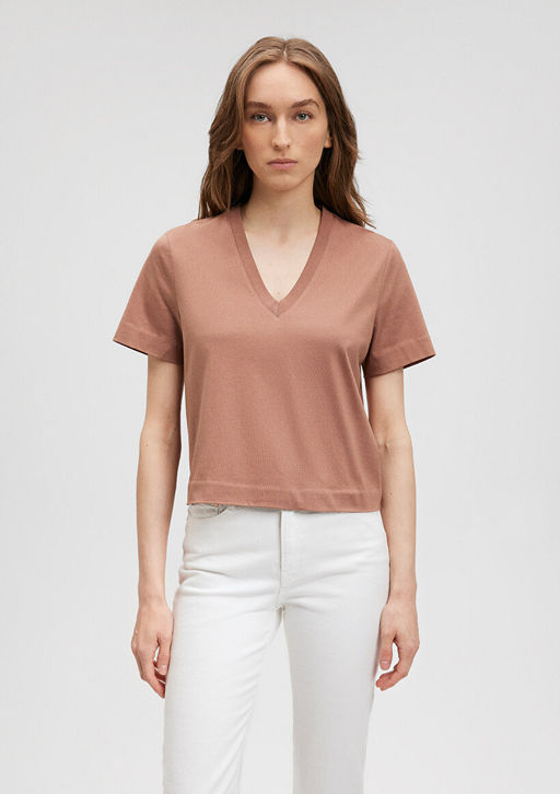 Pamuklu Merserize V Yaka Kahverengi Basic Tisort - Mavi фото 3