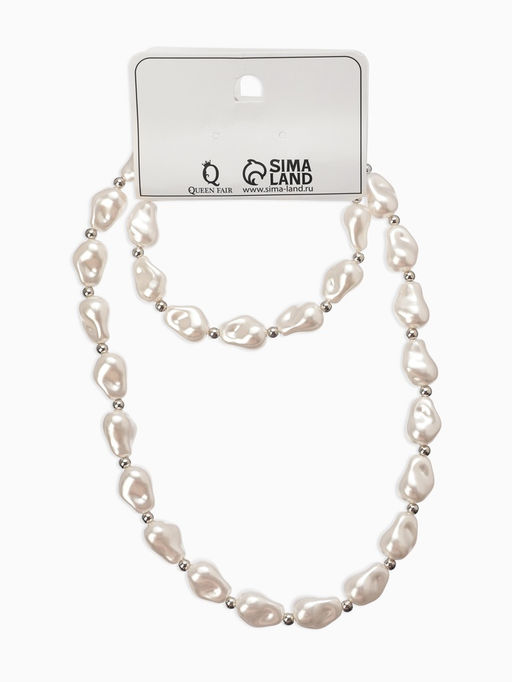 Набор 2 предмета: бусы, браслет «Жемчуг барочный. Капля», 40/18 см, белый в серебре