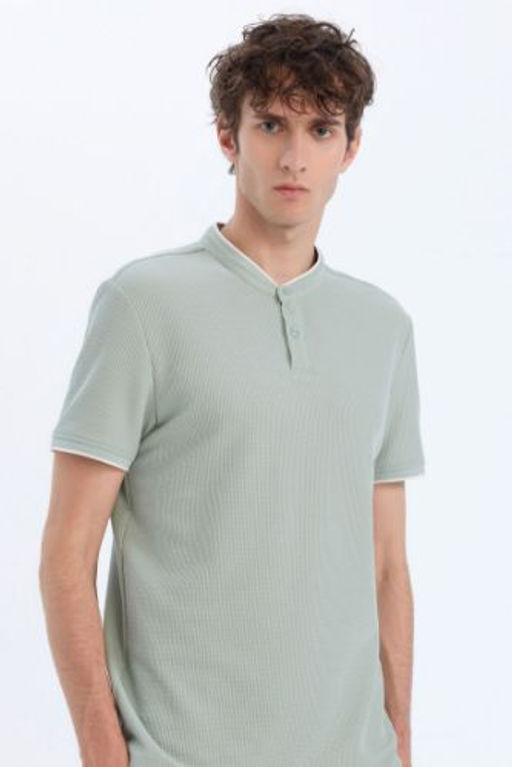 Slim Fit Dar Kesim Dik Yaka K?sa Kollu Waffle Polo Tisort