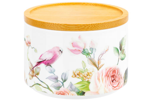 Банка д/хранения 250 мл 9,3*9,3*7 см Певчие птички + дер. крышка-подст. с сил. упл. (без золота)