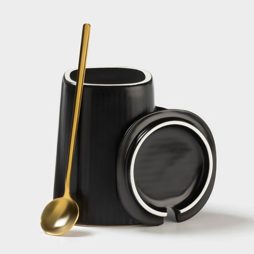 Кружка Elegant, 320 мл, 11.5×8×10.5 см, с крышкой и ложкой, керамика, чёрная