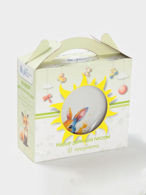 Набор детской посуды Дулевский фарфор Зайчик, 3 предмета: тарелка 175 мл, миска 360 мл, кружка 210 мл, белый
