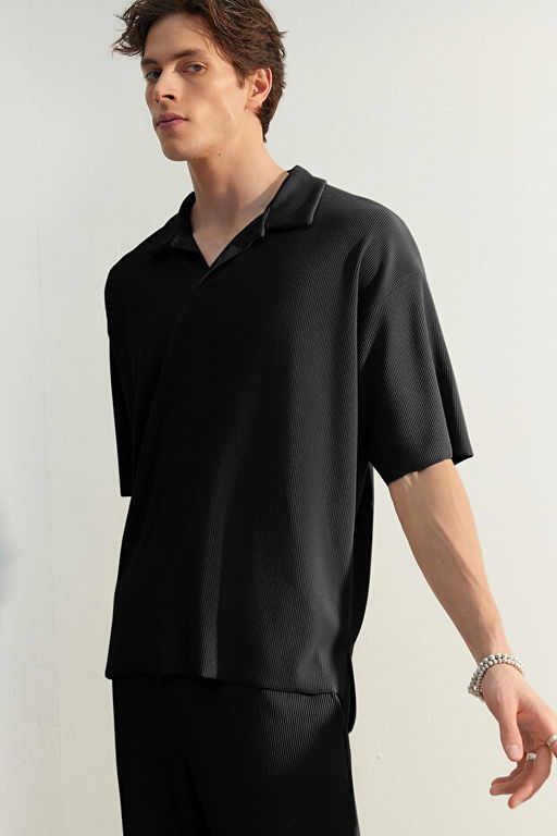 Siyah Oversize/Geni_ Kesim Dokulu K_r__maz Ottoman Polo Yaka T-Shirt TMNSS23PO00020 - Trendyolmilla фото 2