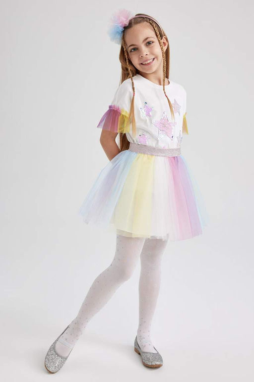 Белая футболка с короткими рукавами из тюля с принтом для девочек - Defacto фото 2