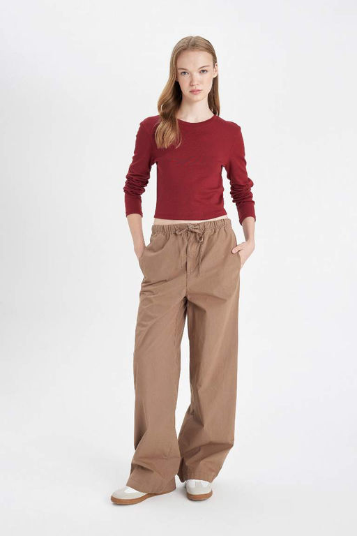 Женская классная однотонная футболка в рубчик с круглым вырезом и длинными рукавами - Defacto фото 2