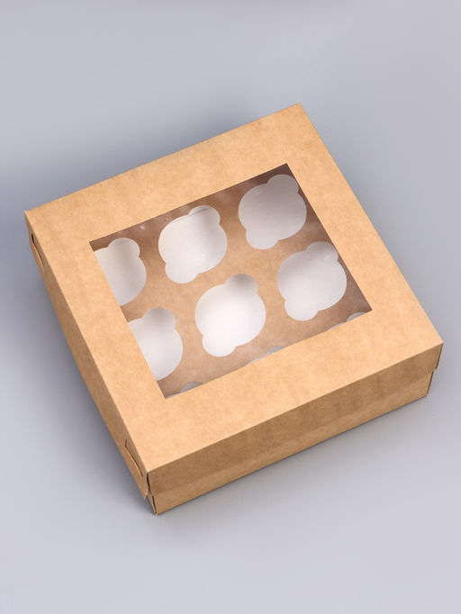 Цена за 5 шт. Коробка для капкейков с окном на 9 шт., крафт, 25×25×10 см