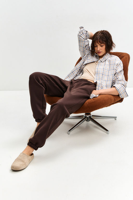 Брюки женские из футера трехнитка с начесом Сова шоколад макси