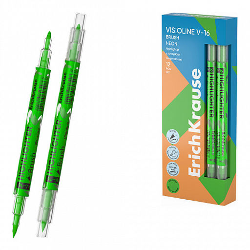 АКЦИЯ Цена за 12 шт. Двухсторонний текстмаркер ErichKrause Visioline V-16 Brush Neon, цвет чернил желтый (в коробке по 12 шт.)  фото 2