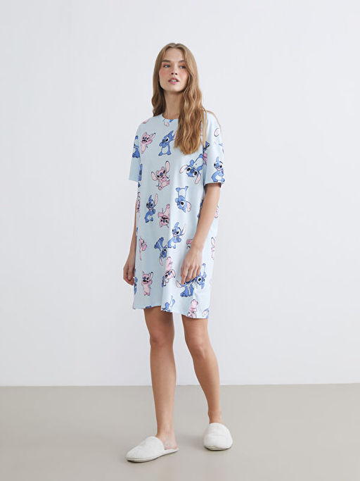 Bisiklet Yaka Stitch Bask?l? Kad?n Gecelik