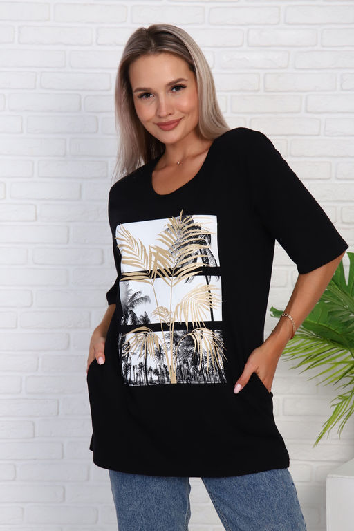 Футболка удлиненная с рисунком листья пальмы, Арт. 786