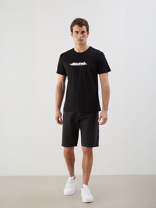 Bisiklet Yaka Bask?l? Penye Erkek Ti??rt