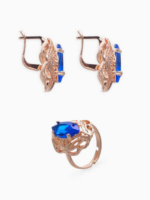 Гарнитур 3 предмета: серьги, кулон, кольцо безразмерное Эдель ажурный овал, цвет син в золоте, 45 см