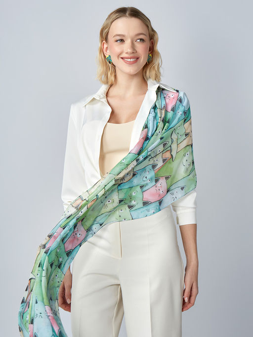 с котиками! Большой, мягкий, тонкий и очень нежный двусторонний палантин с рисунком - Tantino фото 4