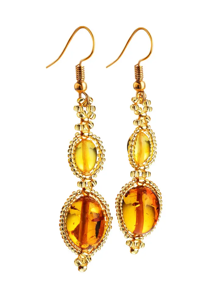 Плетёные серьги из натурального цельного янтаря и бисера Лукоморье - Амберхолл фото 3