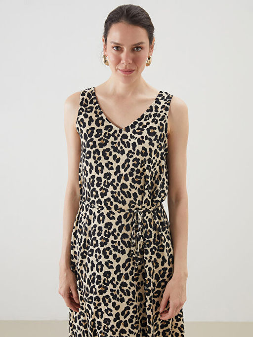 V Yaka Leopar Desenli Elbise