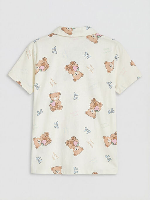 G?mlek Yaka Bask?l? K?z ?ocuk ?ortlu Pijama Tak?m