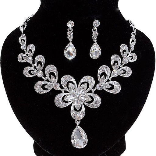 Набор 2 предмета: серьги, колье, цветок, белый в серебре, 45 см