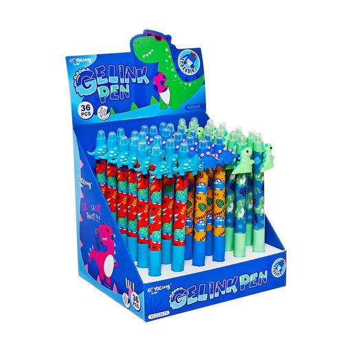 Цена за 36 шт. Стираемая ручка Yalong «Дино», гелевая, автоматическая, синий стержень, узел 0.5 мм, МИКС