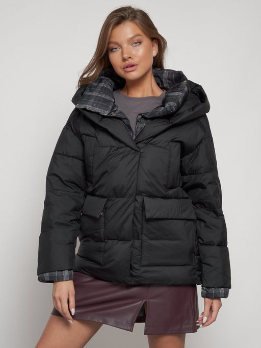 Зимняя женская куртка модная с капюшоном черного цвета 133105Ch