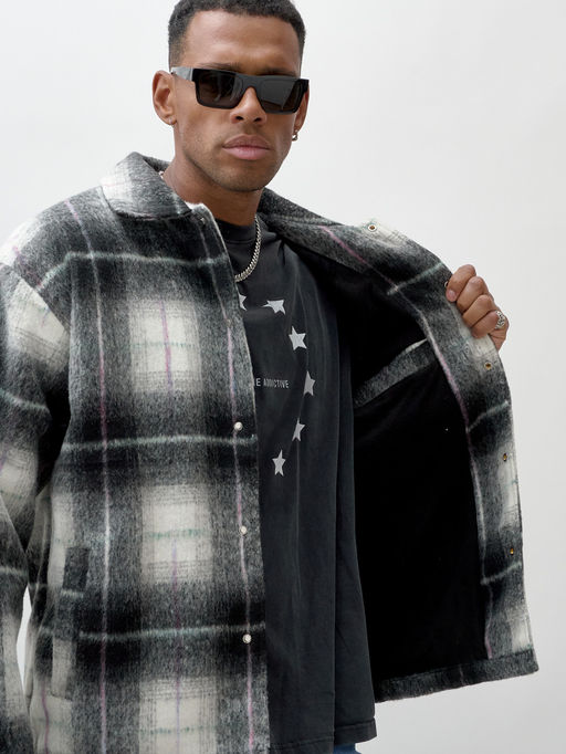 Куртка рубашка шерстяная в клетку мужская демисезонная темно-серого цвета 58592TC