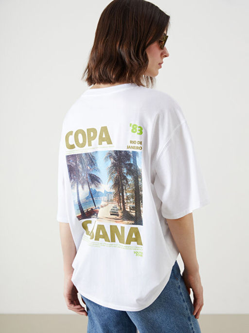 Bisiklet Yaka Bask?l? Oversize Kad?n Ti??rt