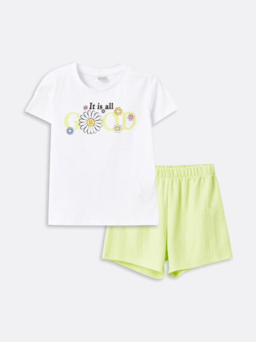 Bisiklet Yaka Bask?l? K?sa Kollu K?z ?ocuk Ti??rt ve ?ort