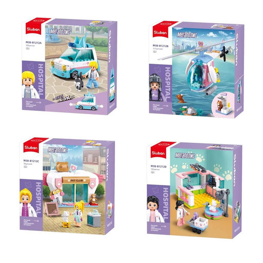 Конструктор SLUBAN 78 - 117 дет. "Ветдоктор: автомобиль/ вертолет/ клиника/ операционная" (M38-B1212A/B/C/D) 4 вида по 8шт. в шоубоксе