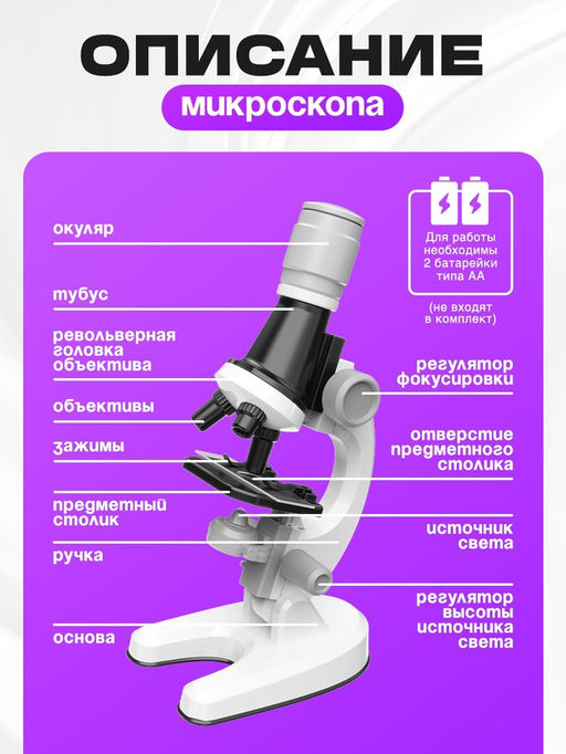 Микроскоп детский «Юный ботаник», кратность х100, х400, х1200, подсветка