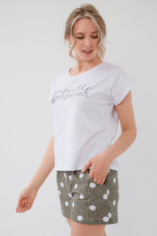 Пижама женская из футболки и шорт из кулирки Алиса горох хаки - Амадэль фото 5