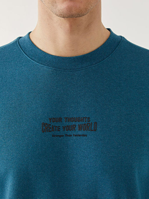 Bisiklet Yaka Bask?l? Erkek Kal?n Sweatshirt