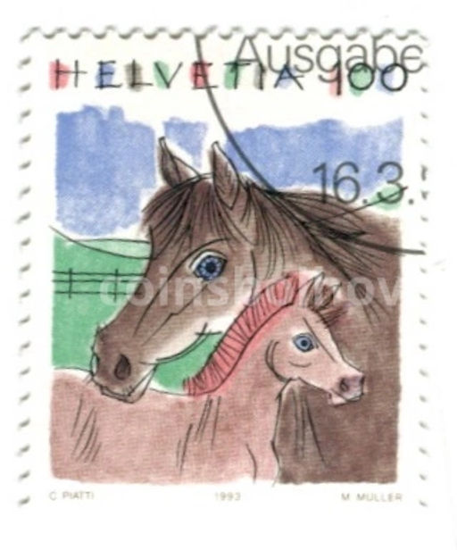 Марка Лошадь с жеребенком 1993 год Швейцария