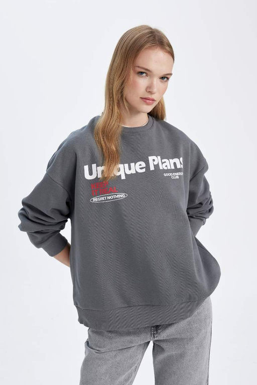 Толстовка из плотной ткани свободного кроя с круглым вырезом и принтом - Defacto фото 5