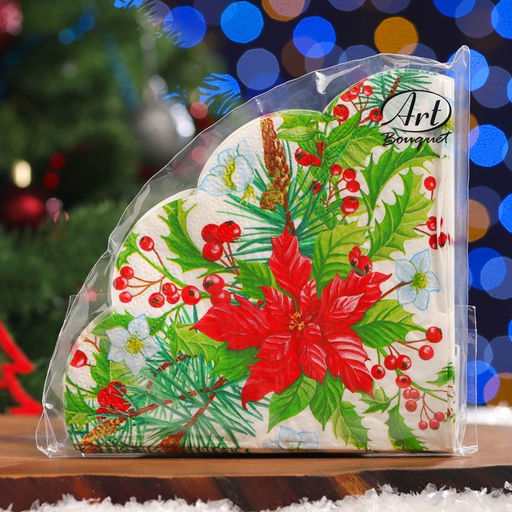 Цена за 2 шт. Салфетки новогодние бумажные круглые Пуансеттия, 3 слоя, d=32 см, 12 шт.