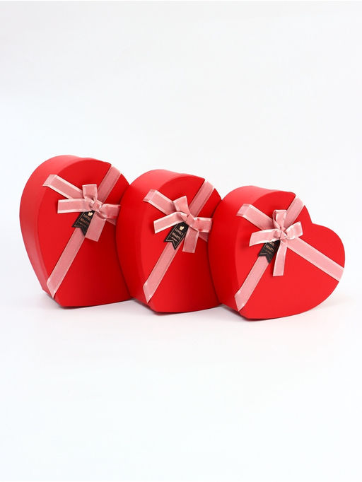 Набор подарочных коробок сердце 3 в 1, красный с розовым бантом, 31?27?13.3; 28?25?11.7; 26?23?10.3 см