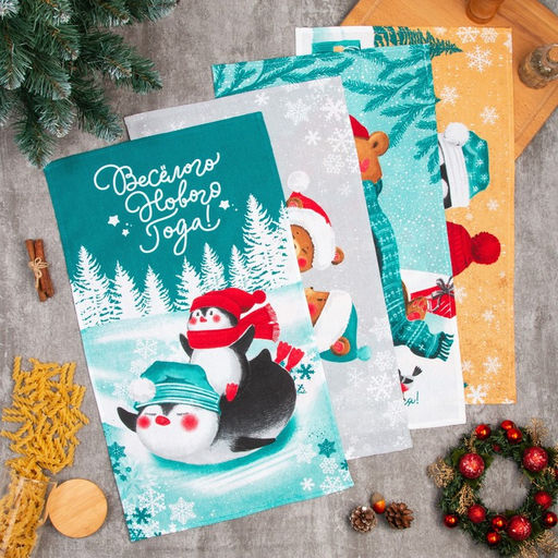 Набор кухонных полотенец Доляна Веселого Нового года 35х60см-4шт, 100% хл  фото 2