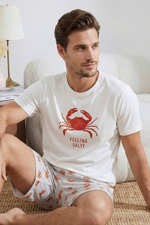 Ekru Regular Fit Yenge_ Bask_l_ Pamuklu Pijama Tak_m_ TMNSS26PT00020 - Trendyolmilla фото 2