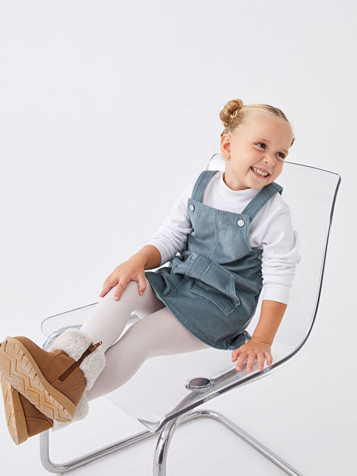 Kare Yaka Ask?l? Basic K?z Bebek Salopet ve K?lotlu ?orap 2li Tak?m - Waikiki фото 3