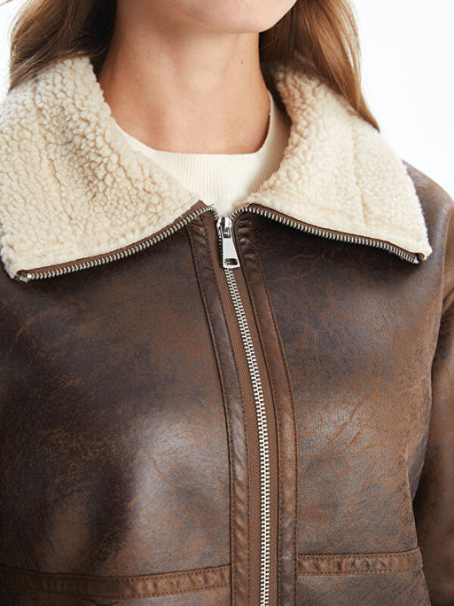 G?mlek Yaka Kad?n Deri G?r?n?ml? Mont - Waikiki фото 3