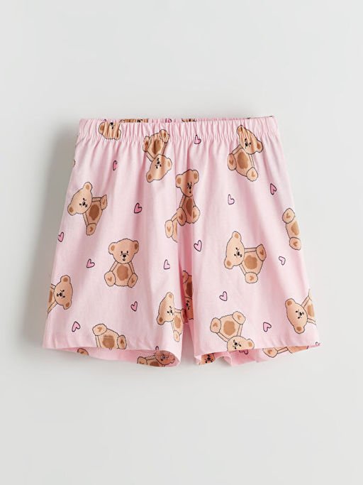 G?mlek Yaka Ay? Teddy Bask?l? K?z ?ocuk ?ortlu Pijama Tak?m?