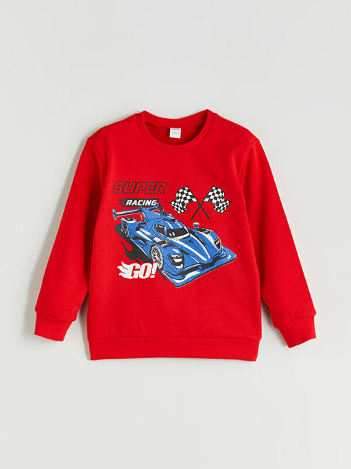 Bisiklet Yaka Bask?l? Uzun Kollu Erkek ?ocuk Sweatshirt