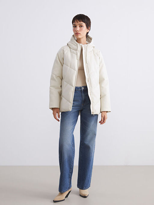 Kap??onlu Kad?n Deri G?r?n?ml? Mont