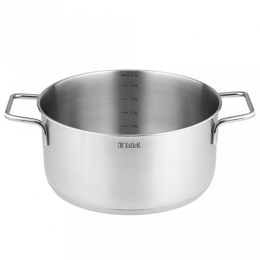 Кастрюля из нержавеющей стали "Сascade" 5л, д24см, h11,5-16см, s0,6мм, дно д22,5см, s2,9мм, стеклянная крышка со стальным ободом и сливом, пароотовод, капсулированное дно, полировка внешняя - матовая, внутренняя - матовая, ручки из нержавеющей стали