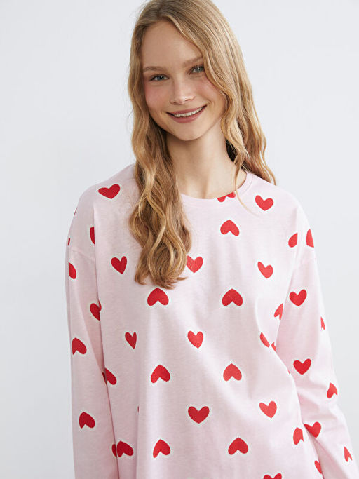 Bisiklet Yaka Kalp Bask?l? Kad?n Pijama Tak?m?