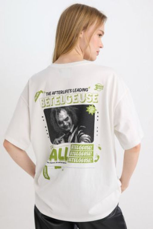 Coool Beetlejuice Oversize Genis Kal?p Bisiklet Yaka Bask?l? K?sa Kollu Tisort