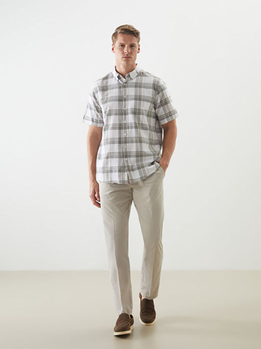 Regular Fit K?sa Kollu Ekose Gabardin Erkek G?mlek